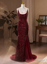 Burgundy Mermaid Sequins Spaghetti Straps Prom Dresses